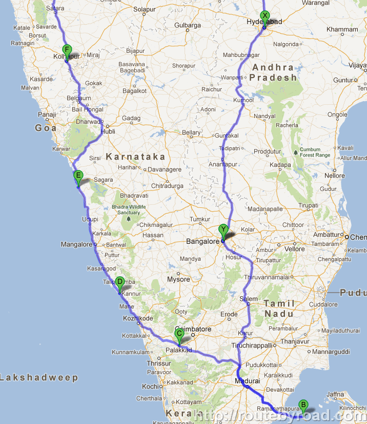INDIA ROAD TRIP – GOOGLE MAP – SOUTHERN INDIA