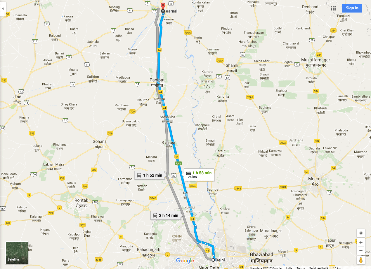 Delhi to Manali Distance - Stage 1 - Delhi to Karnal