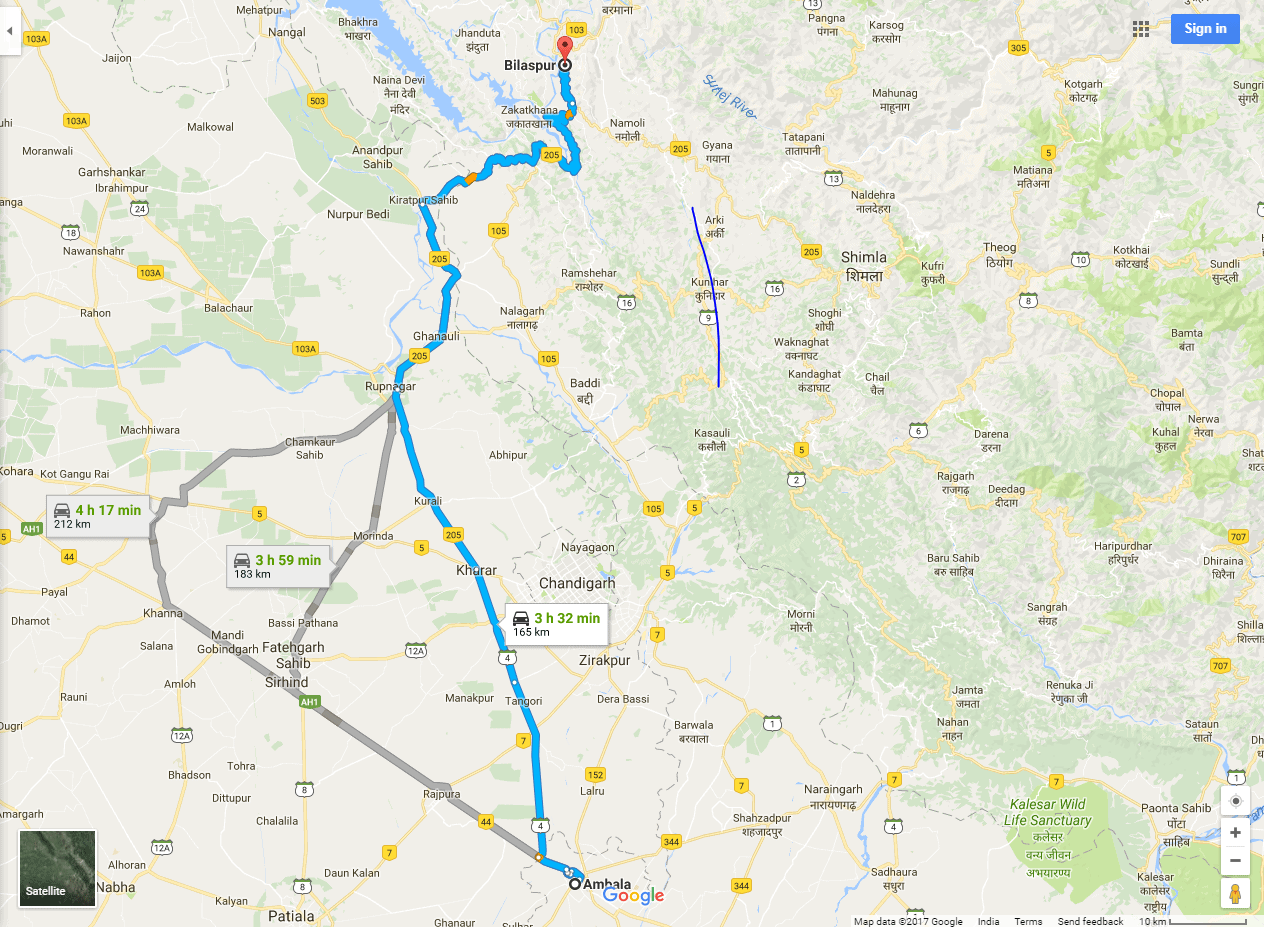 Delhi to Manali Distance - Stage 3 - Ambala to Bilaspur (HP)