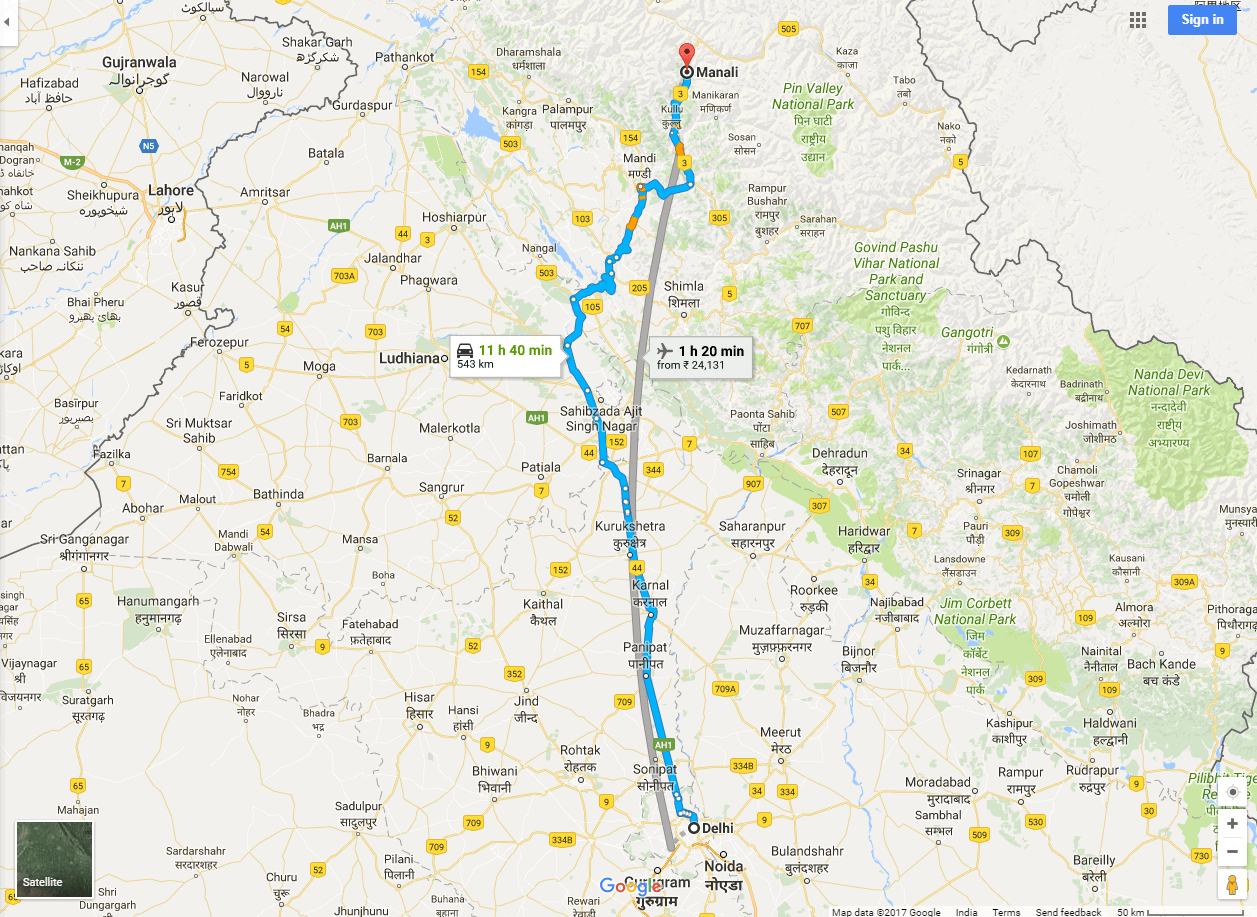 Delhi to Manali - Google India map